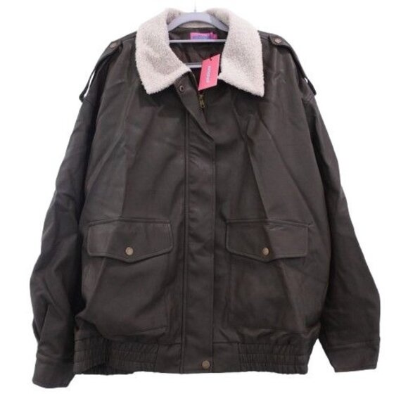 NEW Edikted Ann Faux Leather Bomber Jacket Full Zip Fleece Collar Brown XL S179 - Picture 1 of 8